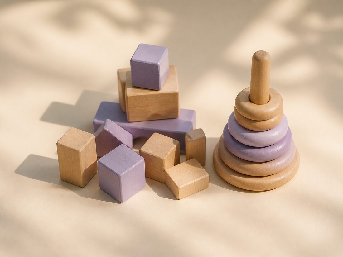 Wooden blocks and a stacking-ring toy