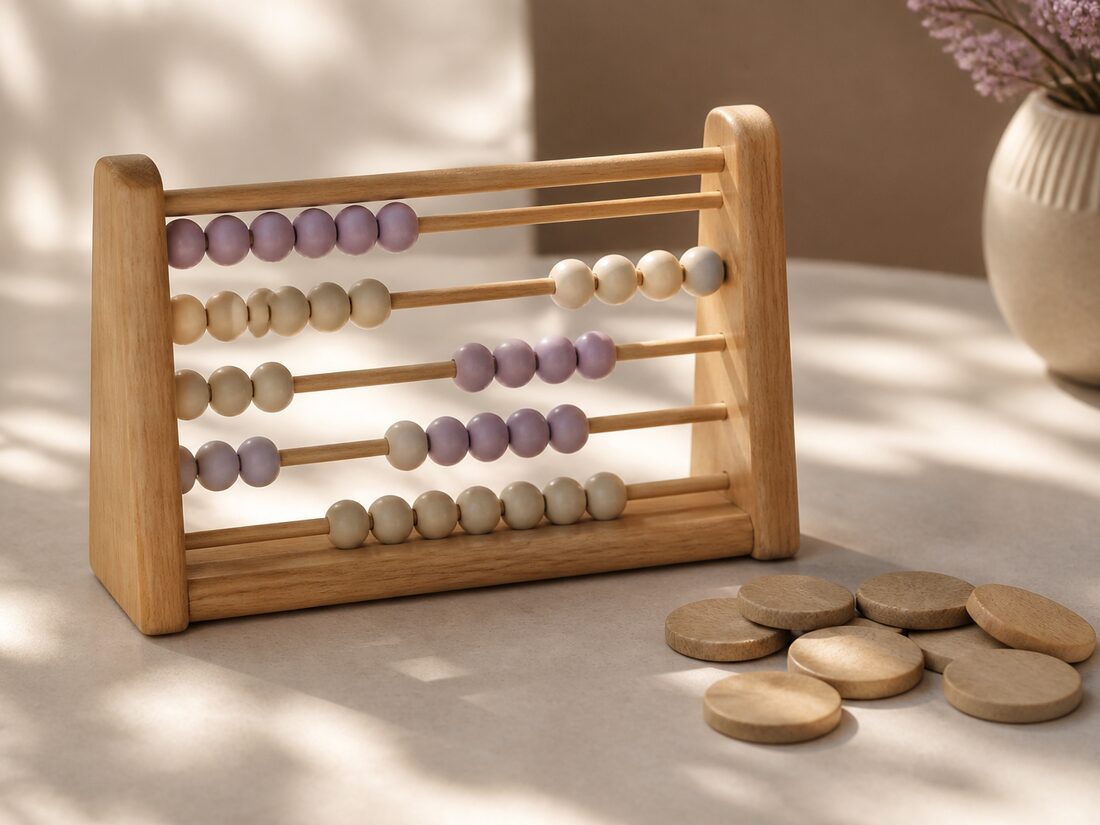 A wooden counting frame with beads and counters