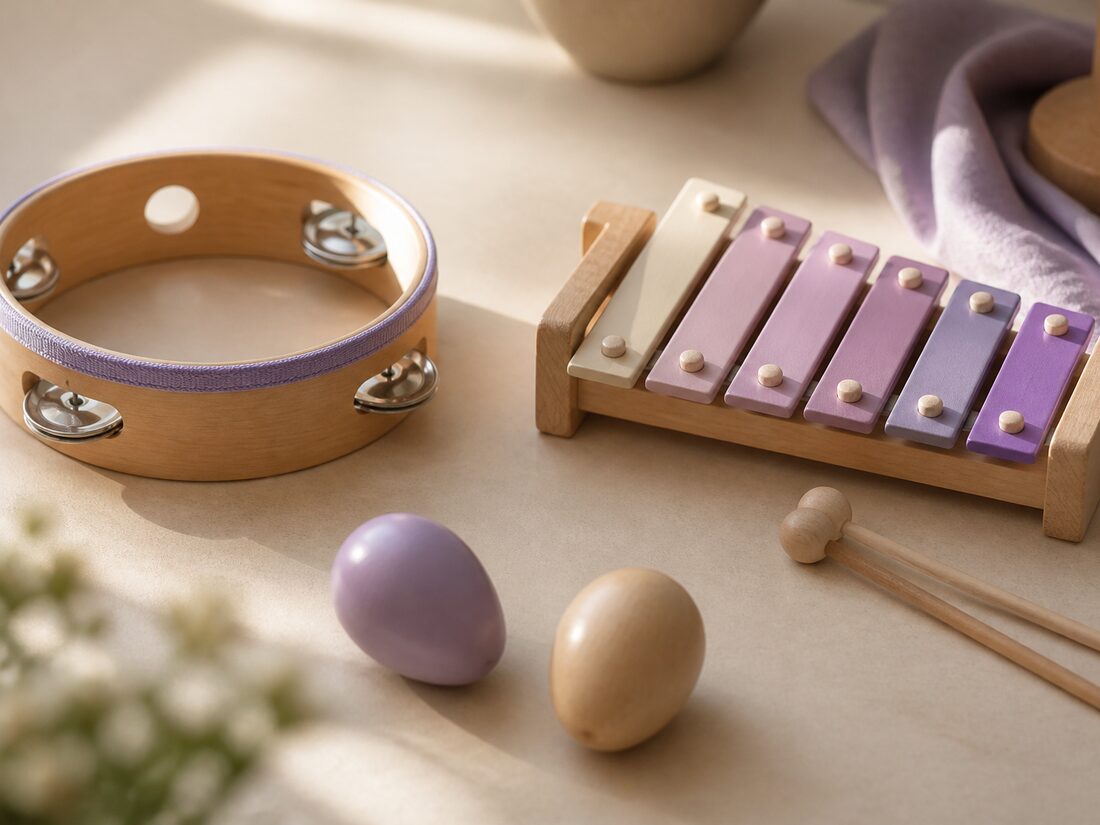 A tambourine, shakers and a small xylophone