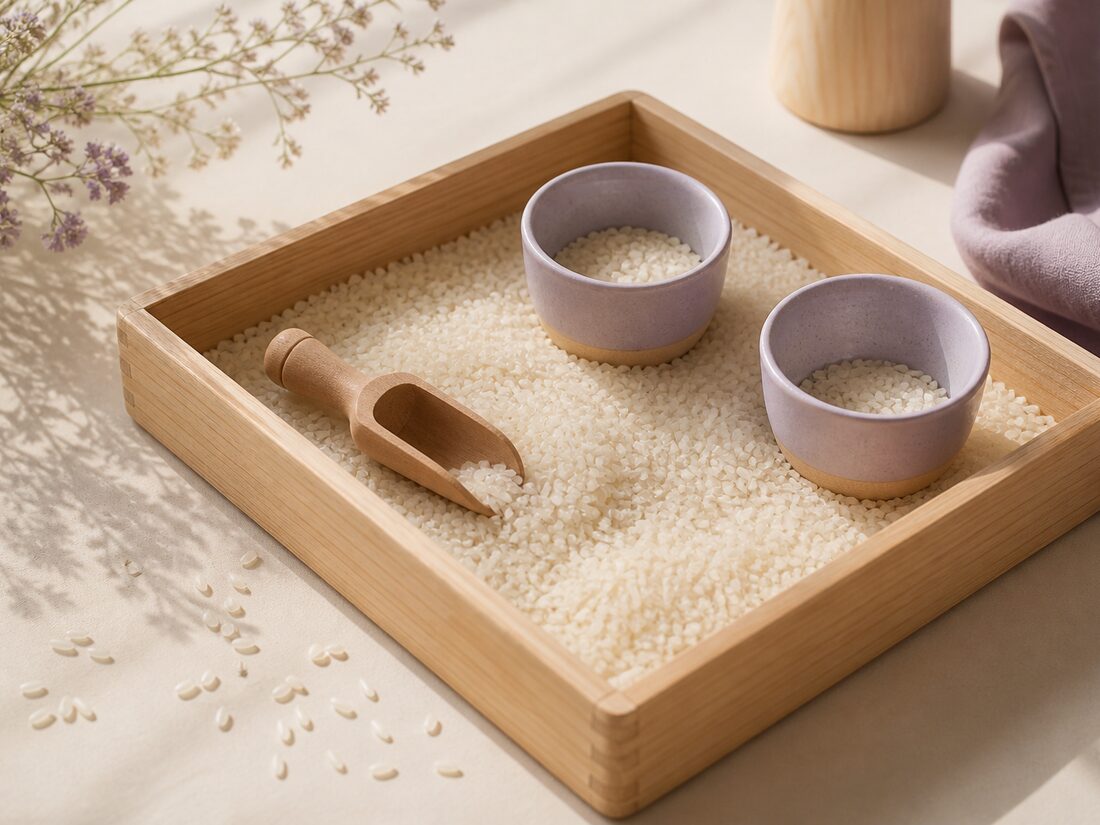 A sensory tray with rice, a scoop and pouring cups